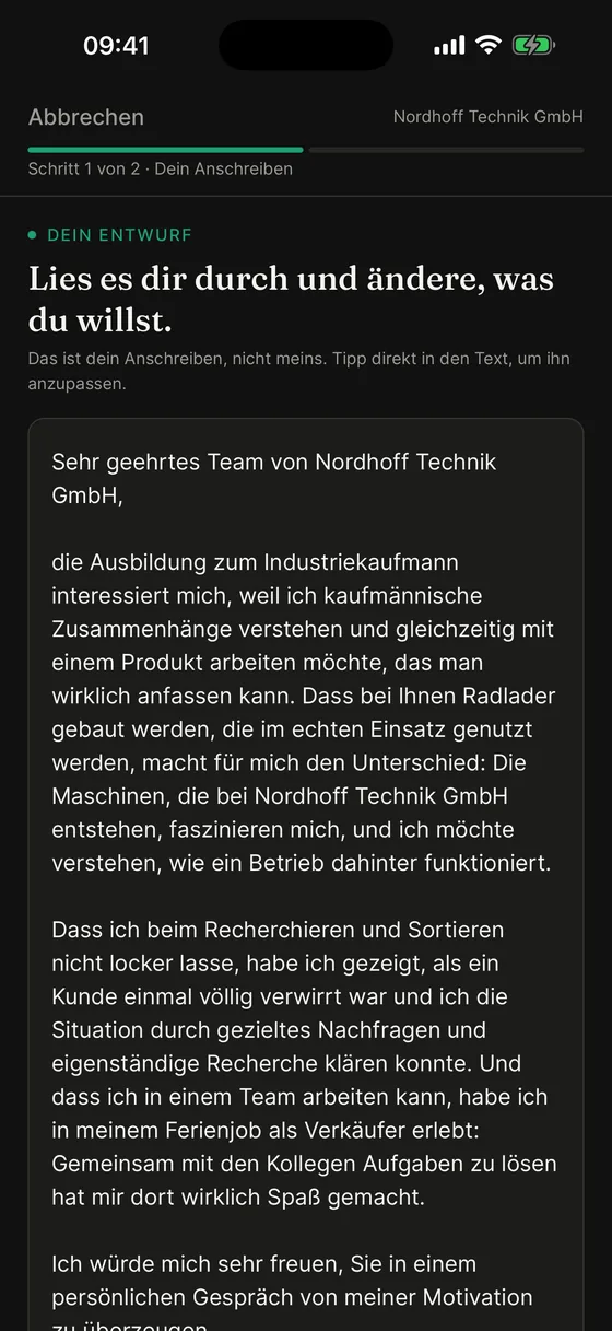 Berufspfad-App: fertiger Anschreiben-Entwurf, den man direkt im Text anpassen kann