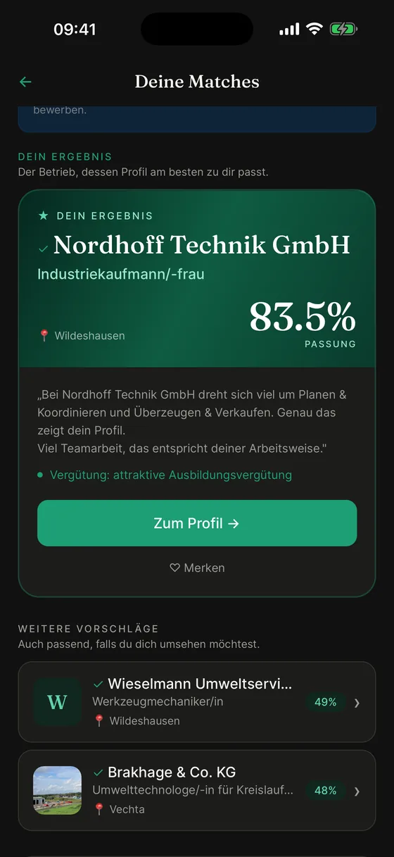 Berufspfad-App: passende Ausbildungsbetriebe aus der Region mit Passungswert