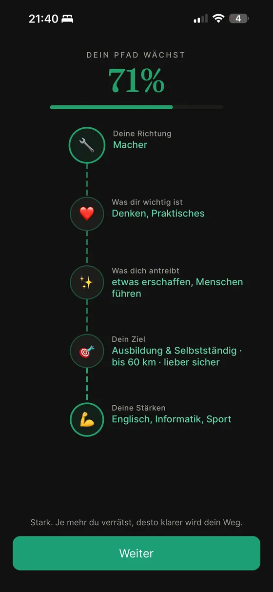Pfad bei 71 Prozent: deine Stärken erscheinen